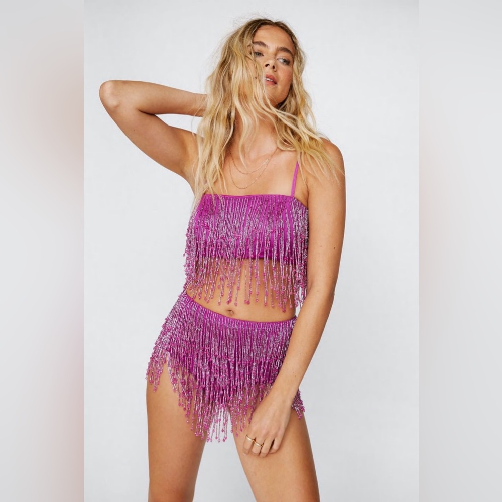 Pink Beaded Embellished Strappy Cami Top